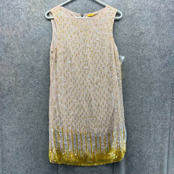 Alice + Olivia Dress Women 2 Nude Yellow Sequin Beaded Sleeveless Shift Cocktail - Picture 1 of 11